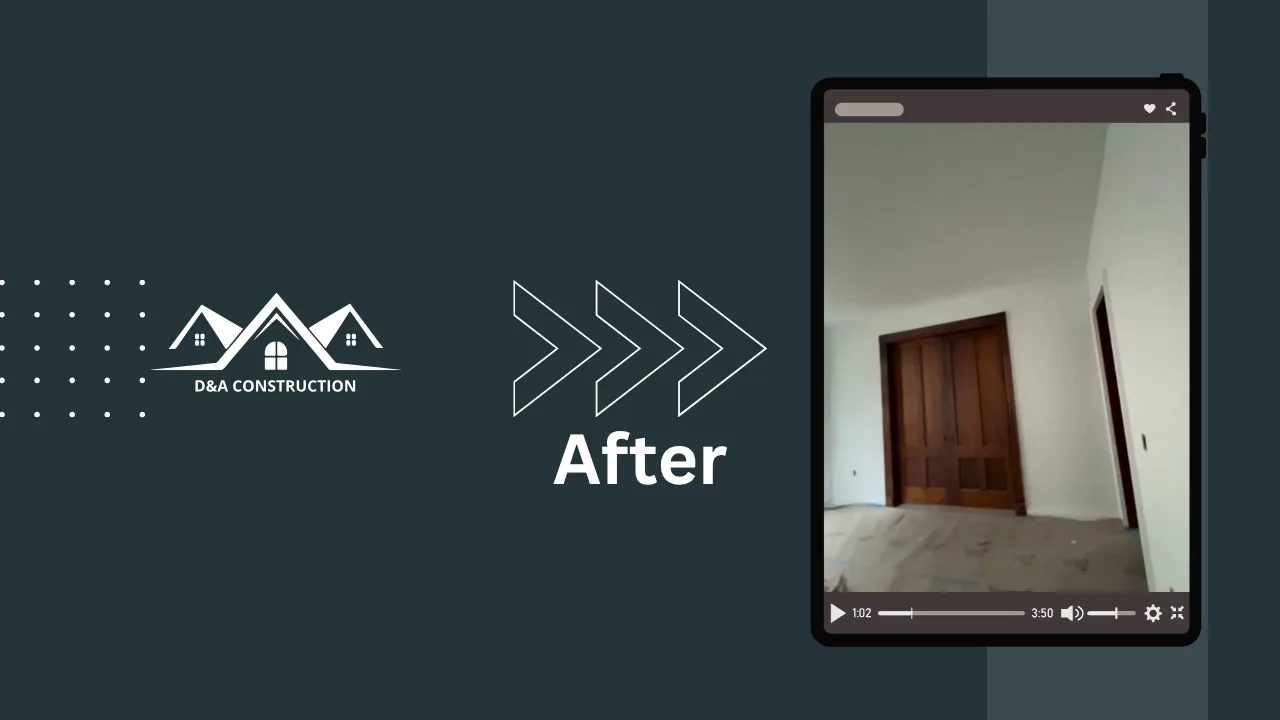 D&A Construction logo displayed next to a completed drywall skim coat renovation video preview.